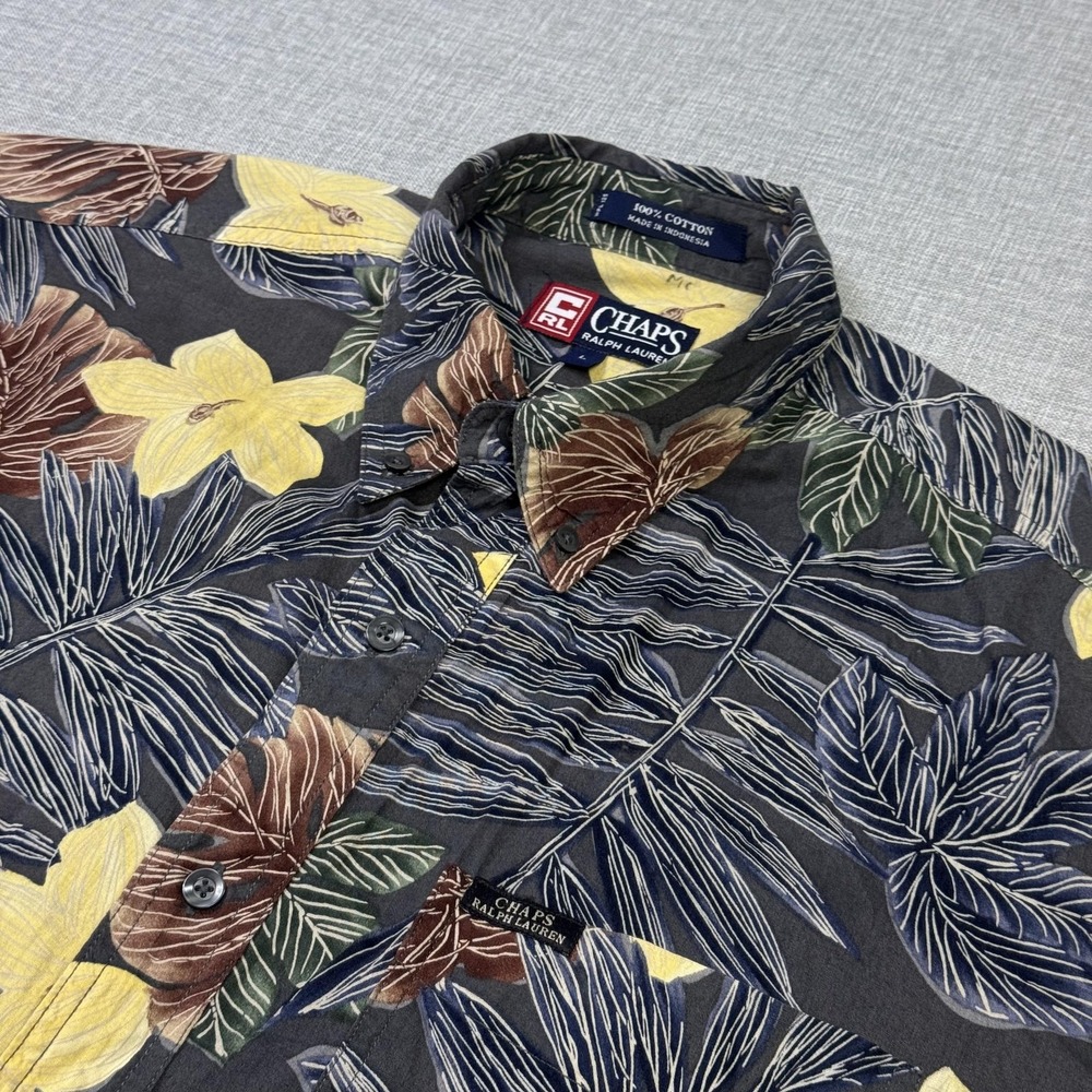 Chaps Ralph Lauren Floral Hawaiian Button Shirt Mens L Gray Short Sleeve Cotton